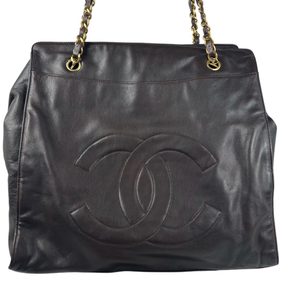CHANEL Dark Brown Quilted CC Lambskin Tote with Gold-Tone Chain